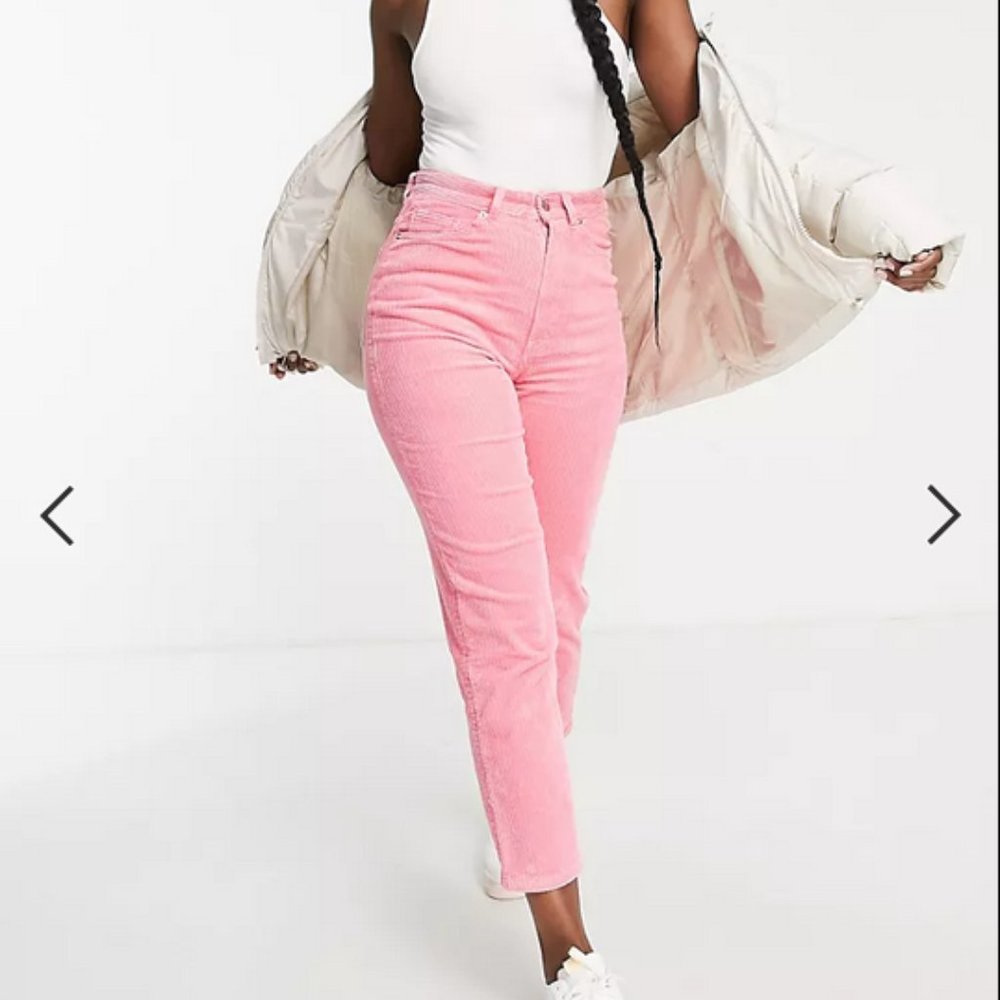 MONKI Pink High waist ankle length corduroy trousers in size 34